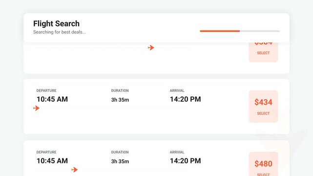 Flight Search Interface Animation Displaying Travel Booking Progress And Price Comparison For Customers Searching For Best Airline Deals Online