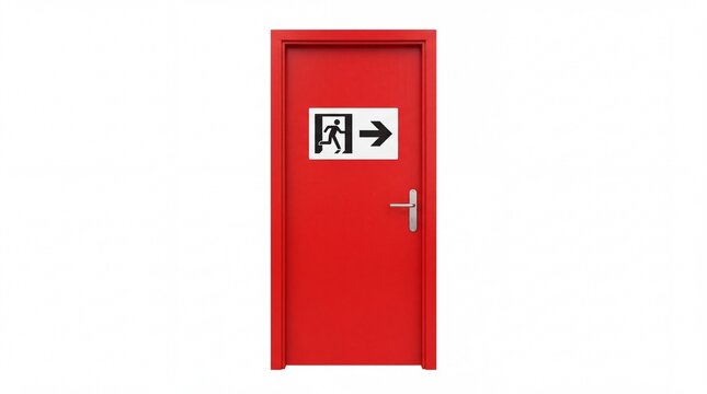 Bright red emergency exit door with signage featuring running person icon displayed on white background