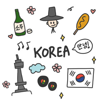 Colorful hand drawn Korea themed doodle set with icons