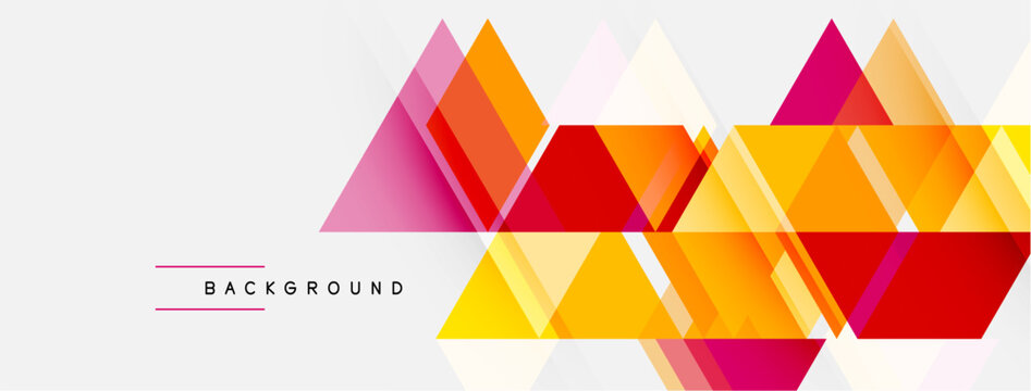 Abstract geometric shapes overlap, creating vibrant orange, yellow, pink design. Modern background with layered triangles, rectangles.