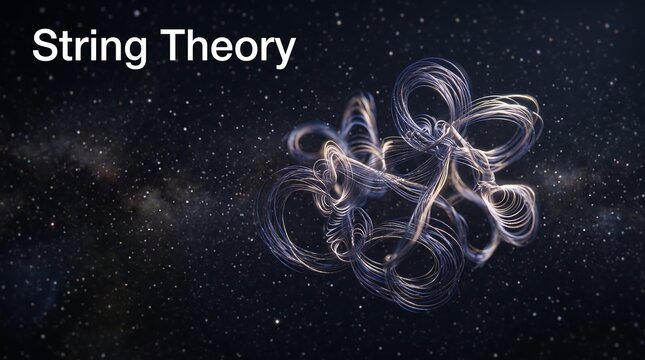 String theory abstract 3d render showing vibrating cosmic filaments in a dark space background representing multi dimensional physics