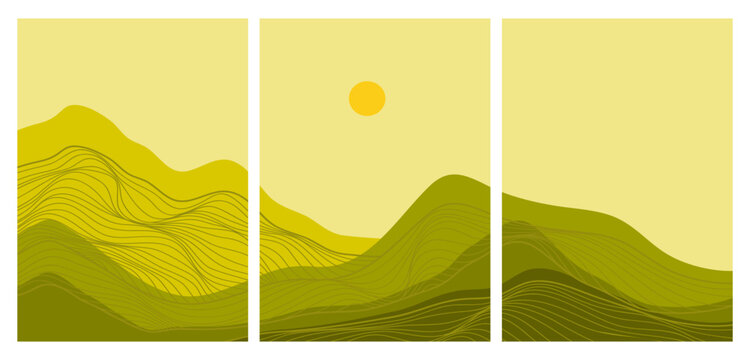 Landscape mountains with line art texture. Geometric landscape background in Flat style. mountains, hills and forest on set. use for print art, poster, cover and banner