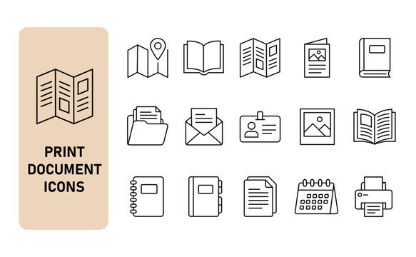 Print document and paper publishing icon set. Brochure, catalog, magazine, flyer and office stationery thin line icons. Editable stroke vector illustrations