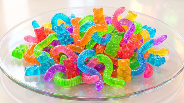 Colorful gummy worms and bears piled in clear glass bowl for sweet snack display