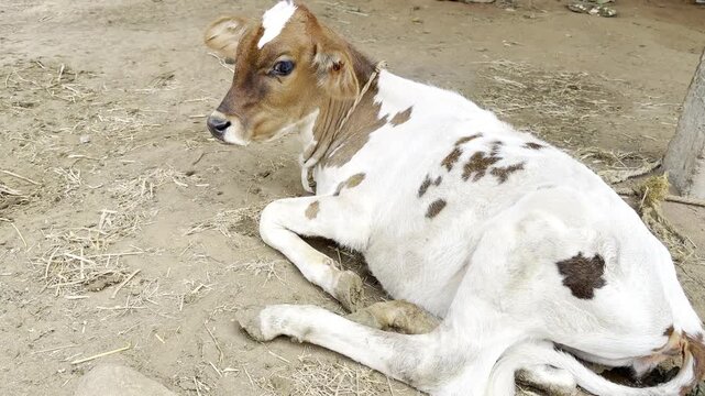 Black dairy cattle grazing beside a brown and white calf resting in a rural farmyard, domestic cattle livestock showing village farming, animal care, agriculture and peaceful countryside life in India