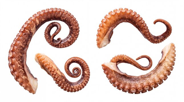 Fresh octopus tentacles showing raw texture and curled shapes arranged neatly on white background