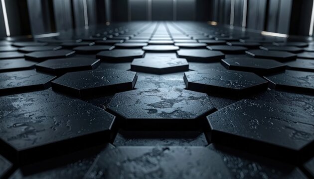 Dark hexagonal textured floor in futuristic industrial room