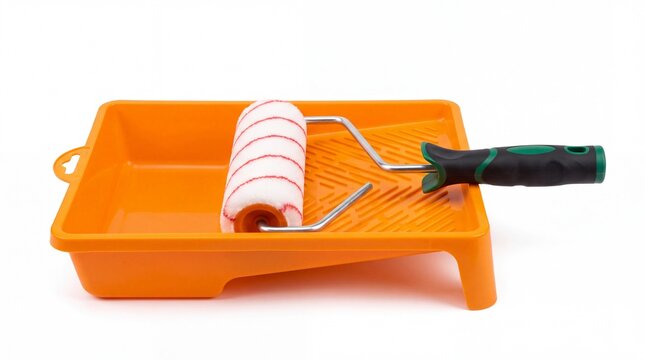 Bright orange plastic paint tray with professional roller tool for house renovation projects on white background