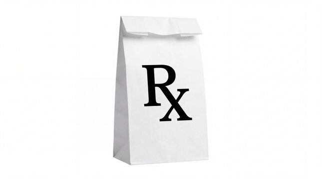 White paper pharmacy bag with prescription symbol branding isolated for medical healthcare supply on white background
