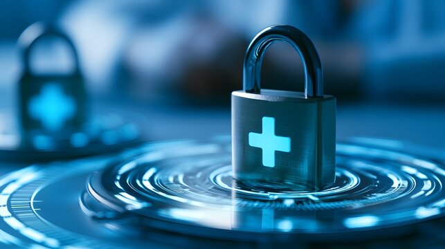 Healthcare Cyber Security Concept with Digital Padlock and Medical Cross Protecting Patient Data Hospital Information Privacy Secure Medical Network Technology and Health Data Protection