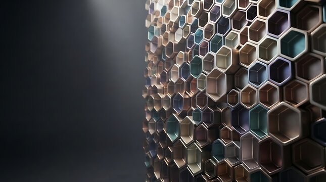 Abstract metallic honeycomb wall texture with geometric hexagonal patterns and dark lighting