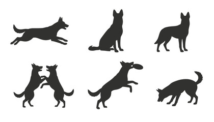 Obraz premium Silhouette collection of a dog, likely a German Shepherd, in various poses like running, sitting, and playing.