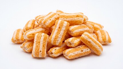 Obraz premium Crunchy orange striped corn puffed snack sticks arranged in a messy pile on white background