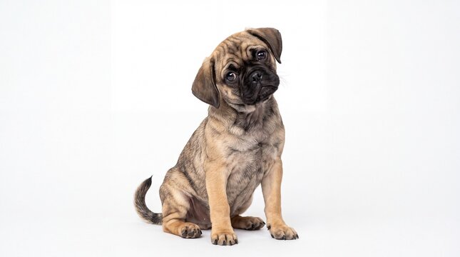 Curious Puggle Puppy Sitting with Head Tilt