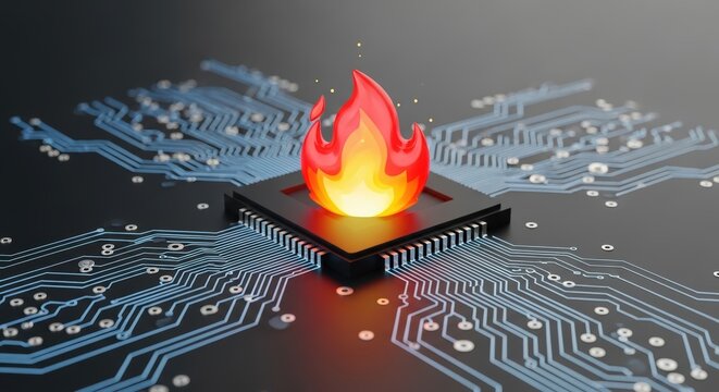 3D render of a glowing fire icon on a CPU chip representing computer overheating and high performance technology