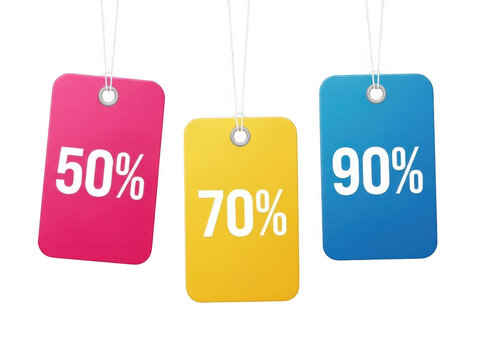 Three colorful hanging sale tags with fifty seventy and ninety percent discount isolated on transparent background