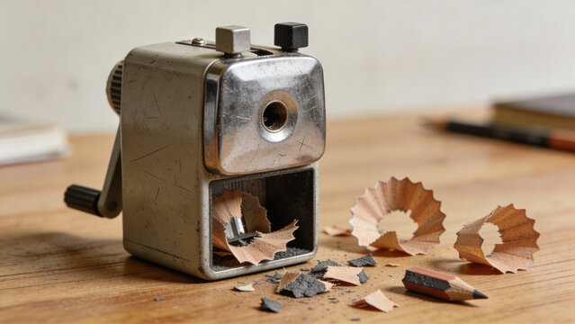 Vintage pencil sharpener with shavings on rustic wooden surface