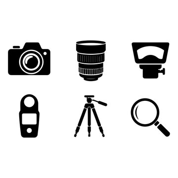Clean six-piece photography and optical equipment silhouette collection for creative studios, imaging services, photography businesses and visual media projects.