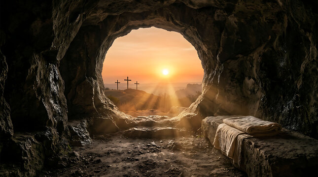 Empty tomb of Jesus resurrection sunrise with crosses on Calvary hill