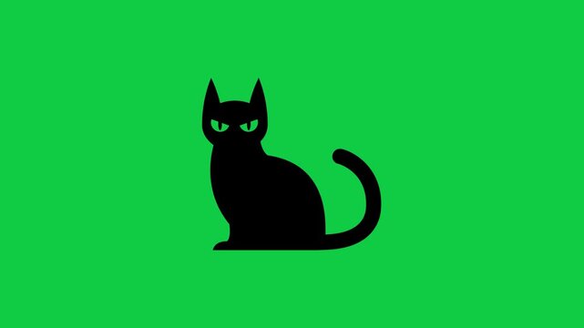 Curious Cat Silhouette Sitting and Looking with Alertness - Wagging Tail - Green Screen