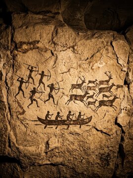 Ancient Prehistoric Cave Painting Depicting Hunters with Bows and Arrows Chasing a Herd of Deer Near a Boat