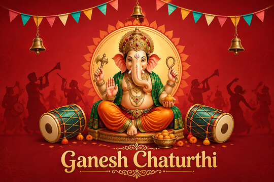 Ganesh chaturthi lord ganesha puja celebration with seated deity drums bells festive bunting dancing silhouettes red background sweets and traditional indian decoration