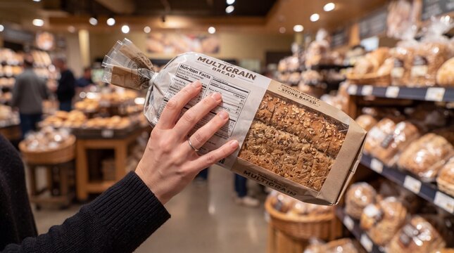 Hand holding a packaged loaf of multigrain bread in a grocery store bakery section