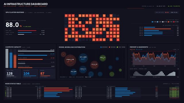 A vibrant AI infrastructure dashboard showcasing GPU utilization, memory monitoring, and workload distribution with animated charts and glowing status indicators in a sleek design.