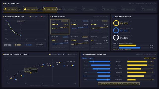 A visually engaging 4K dashboard animation showcasing a Machine Learning Operations pipeline with live metrics, interactive charts, and vibrant color palette for data visualization.