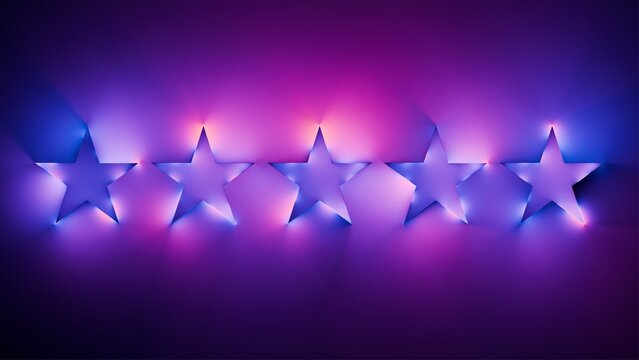 Glossy five star rating icon with glowing illumination and volumetric light rays in a vibrant pink and blue gradient against a black background.