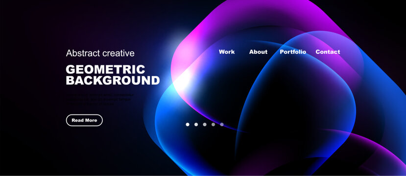Abstract geometric background features vibrant colors, flowing shapes, navigation menu, button. Modern design for website header or banner.
