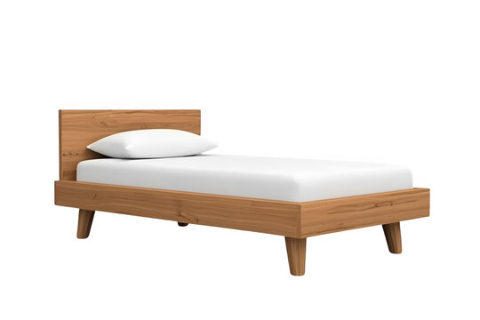 Minimal wooden single bed with white bedding