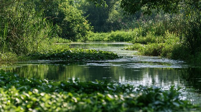 Urban ecological wetland reserve,clear water area,lush aquatic green plants,no extra debris,simple natural environmental empty shot