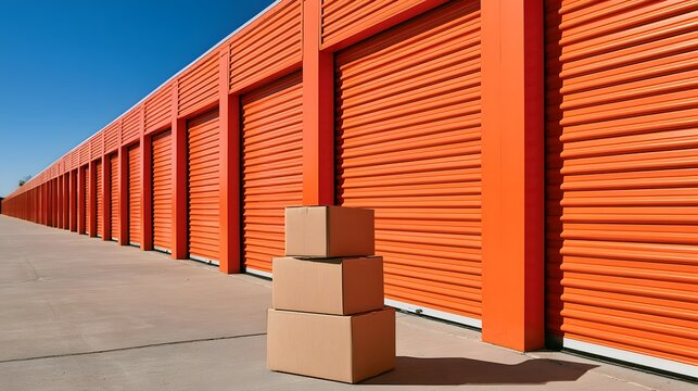 Self Storage Facility with Orange Garage Doors and Cardboard Boxes Secure Rental Units Warehouse Storage Space Moving Relocation Property Organization and Commercial Storage Service Concept