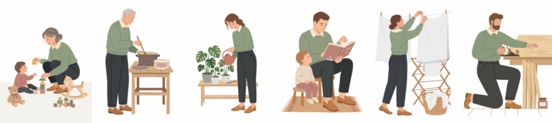Fototapeta premium Set of flat vector illustrations showing people performing daily household activities, such as childcare, cooking, gardening, reading, laundry, and sewing.