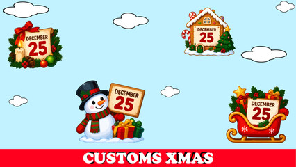 Fototapeta premium Colorful customs xmas collection featuring Santa Claus, snowman, wrapped gifts, holiday badges, ornaments, and number 25 elements for festive seasonal designs