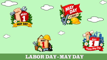 Fototapeta premium Colorful May Day and Labor Day holiday illustration set featuring diverse workers, construction equipment, safety helmets, tools, and festive May Day badges