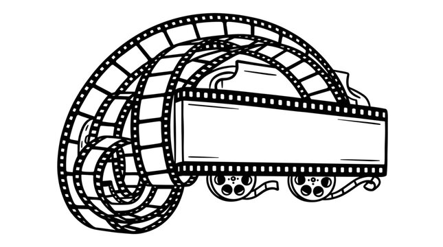 Film reel with blank banner and spools, vintage cinema graphic element, isolated on white