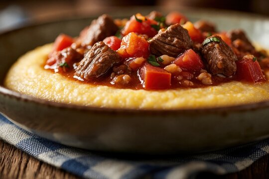 Hearty bowl with beef ragu over polenta. Tender meat stewed with tomatoes sits on creamy cornmeal mush. Rustic food photography with shallow depth of field.