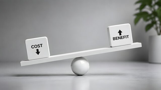Cost and benefit analysis concept on a balance scale showing cost going down and benefit going up for financial optimization