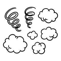 Obraz premium Hand drawn doodle collection featuring swirling tornado shapes and fluffy cloud elements in bold black line art for weather graphics, stickers, posters and creative designs.