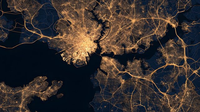 Satellite View of Coastal City at Night with Glowing Urban Lights Roads and Transportation Networks Metropolitan Infrastructure Population Density Geography and Modern City Development