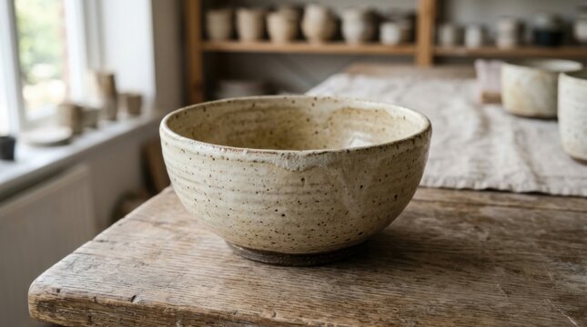 Ceramic craft bowl handmade from speckled earthenware clay rests on a weathered wooden table inside a brightly illuminated artisan pottery workshop.