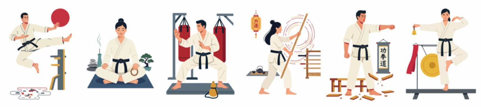 Collection of flat vector illustrations depicting various martial arts practices including karate, aikido, meditation, weapon training, and strength exercises for health and discipline.