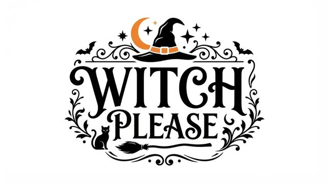 A delightful halloween illustration featuring a witch's hat and the playful phrase 'witch please' in elegant typography