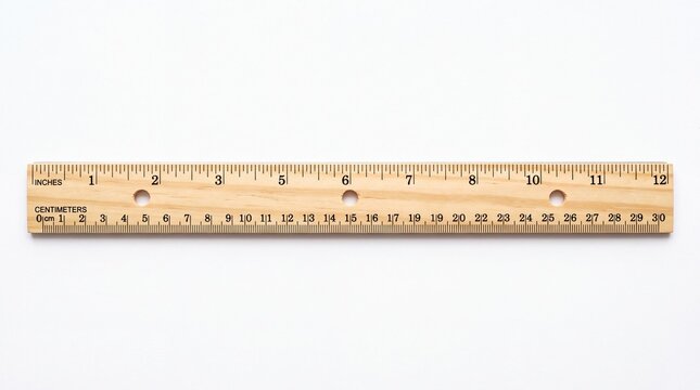 Wooden ruler showing both metric and imperial measurement scales centered horizontally isolated on white background