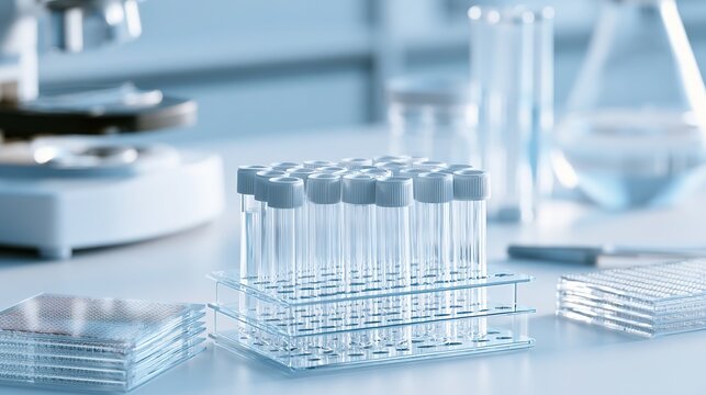 Minimalist modern biological gene laboratory,sampling test tubes and biochips neatly placed,clean scientific research space in pale white‑blue tone