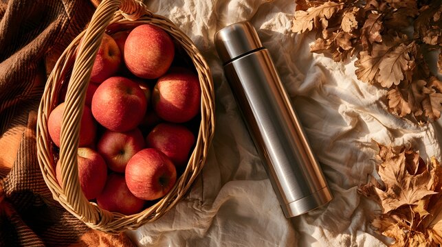 Rustic Autumn Picnic with Basket of Fresh Red Apples and Stainless Steel Thermos on Cozy Blanket Fall Harvest Season Countryside Lifestyle Healthy Food and Warm Seasonal Background Concept