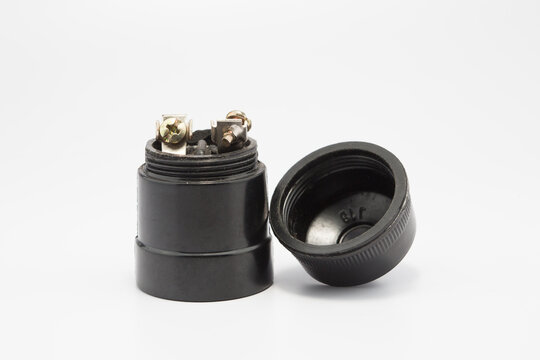 Black Plastic Light Socket with Screw Terminals Isolated on white background