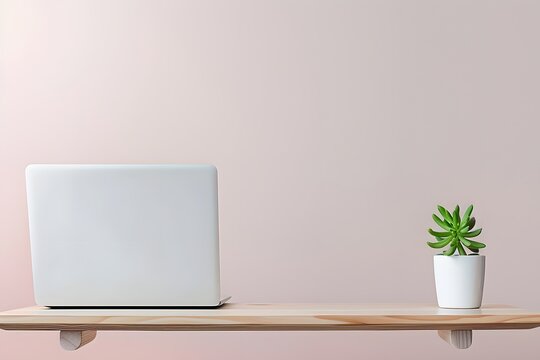 Minimalistischer Arbeitsplatz mit Laptop und kleiner Zimmerpflanze
